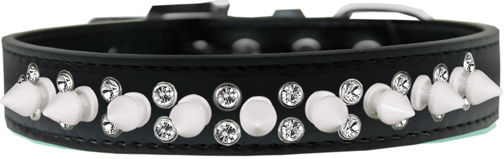Double Crystal and White Spikes Dog Collar Black Size 20